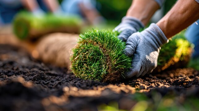 Dynamic Close-Up of Green Sod Installation in Outdoor Setting