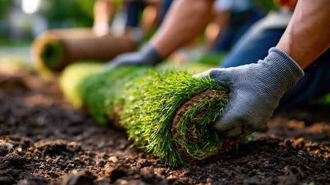 Person Unrolling Green Sod in Outdoor Setting with Workers