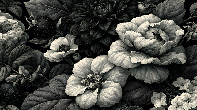 Botanical engraving depicts a detailed floral arrangement in grayscale
