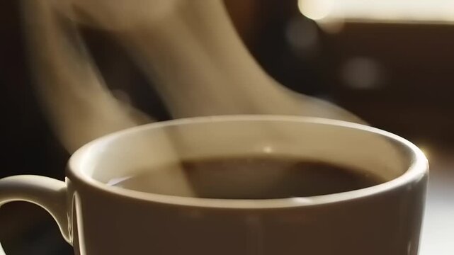 Steaming hot coffee in brown mug.