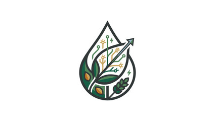 Obraz premium Biomass Energy and Biofuel Logo Icon with Green Leaf, Water Drop, Tech Circuit Board, Growing Arrow, Wheat Ear, and Sustainable Renewable Fuel Symbol