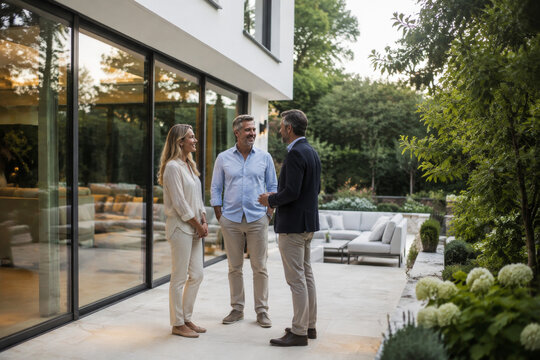 Reuni&oacute;n de tres personas en un patio con plantas y sillones durante la tarde