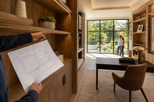 Arquitecto presenta planos en una habitaci&oacute;n moderna mientras una pareja observa el exterior