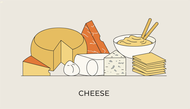 Horizontal food banner showing an assortment of gourmet cheeses crackers and dip in a bowl on a clean light background.
