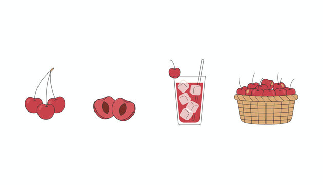 Hand drawn illustration of cherry products showing fresh cherries a sliced fruit a cold drink with ice and a full basket.