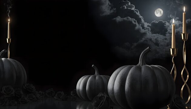 Luxury Dark Halloween Background with Black Pumpkins, Gold Candlesticks, and Full Moon