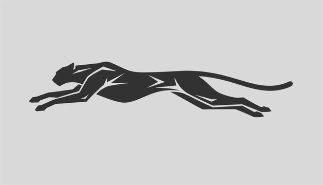 Powerful black silhouette of a running cheetah or leopard capturing speed and agility on a plain gray backdrop.