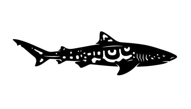 Intricate black and white silhouette of a majestic whale shark displaying detailed tribal style body patterns.