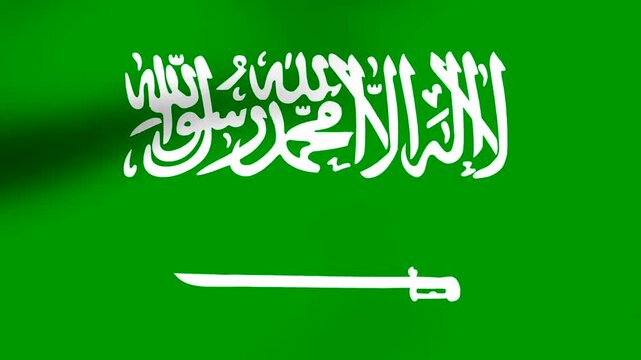 Waving flag of Saudi Arabia with green background and white Arabic calligraphy and sword symbol