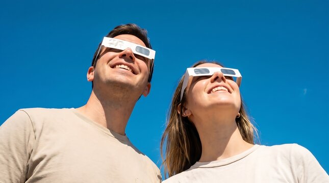 A young couple wearing protective solar eclipse glasses looking up into a clear blue sky with happy expressions.
