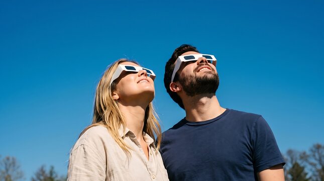 A young couple wearing protective solar eclipse glasses looking up into a clear blue sky with happy expressions.