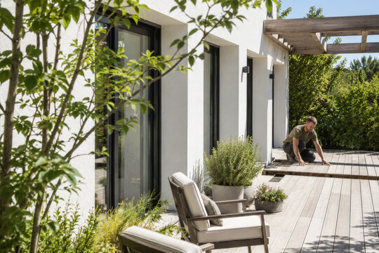 Un hombre trabaja en el patio de una casa moderna rodeado de plantas y &aacute;rboles en un d&iacute;a soleado
