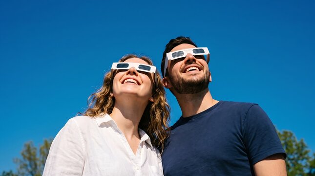 A young couple wearing protective solar eclipse glasses looking up into a clear blue sky with happy expressions.