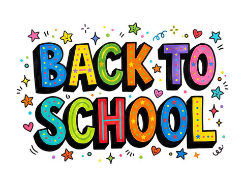 Back to school 3d patterned colorful text banner with stars hearts and dots doodle elements isolated on white background