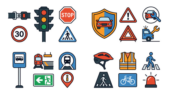 Road safety and traffic signs vector icons set featuring seat belt traffic light stop sign speed limit car insurance repair warning triangle helmet and crosswalk isolated on white background