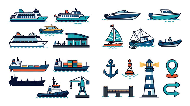Maritime transport icons vector set featuring ferry cruise ship speed boat sailboat cargo ship lighthouse anchor harbor crane and navigation symbols isolated on background