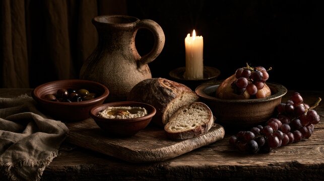 Rustic still life with bread grapes and olives