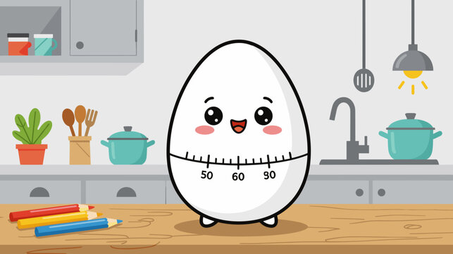 Cartoon egg timer character smiling in a colorful kitchen setting  