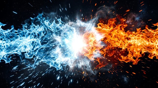 Violent elemental explosion of blue fire and orange fire clashing in space with brilliant central light flare and scattered glowing embers creating a dramatic high-contrast visual
