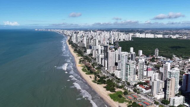 Recife Skyline In Recife Pernambuco Brazil. Aerial View Of A High-Rise Buildings And Traffic Showcasing Urban Life. Bay Water Landscape. Landmark Seaside. Recife Pernambuco.
