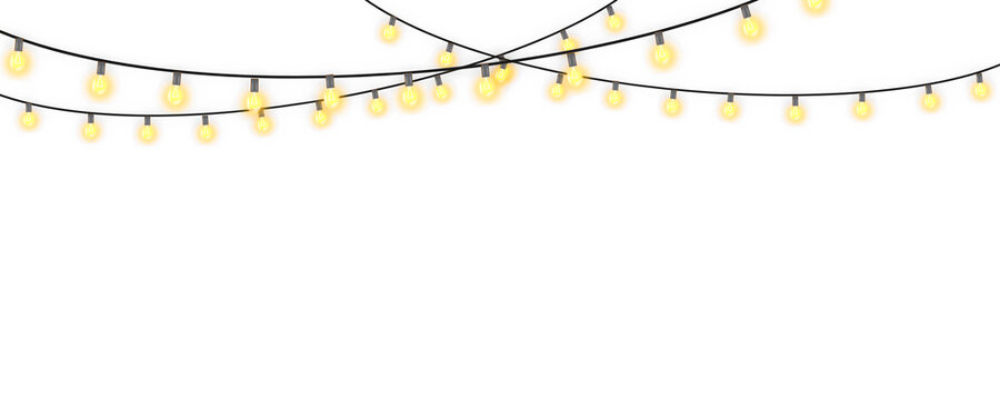 Decorative party string lights with illuminated yellow electric bulbs on wire hanging for festive holiday isolated on plain white background
