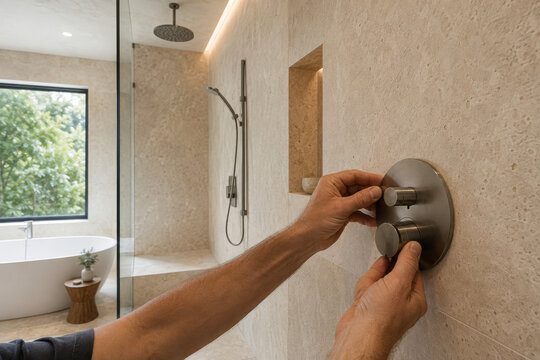 Actividades en un ba&ntilde;o moderno mientras una persona ajusta el control de agua en la ducha