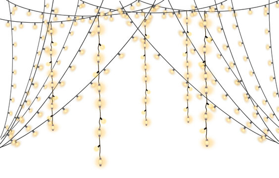 Warm yellow glowing light bulbs string garland hanging for wedding party night celebration decoration isolated over clear simple white background