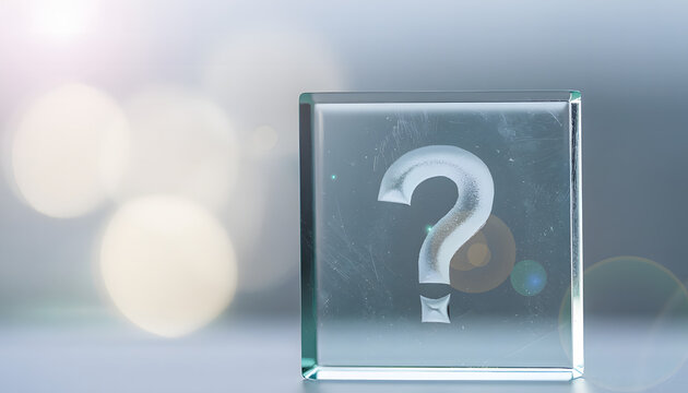 Question mark engraved in glass cube with blurred bokeh lights, concept of doubt and decision making