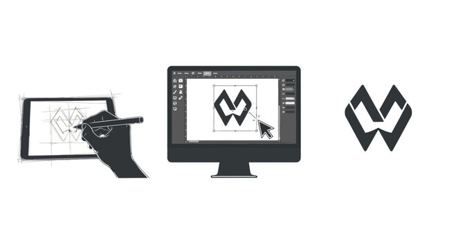 Logo design process on computer with tablet computer monitor using stylus tablet graphic design process hand illustration technology workspace