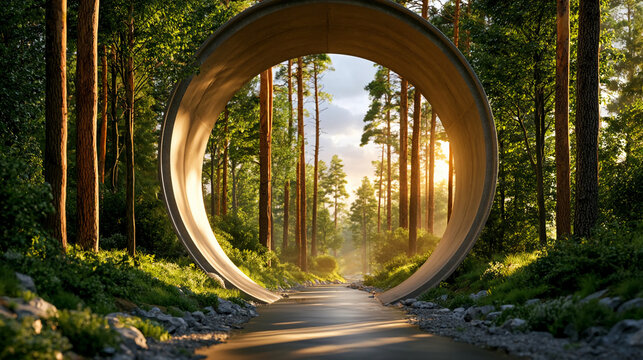 Forest pathway with a large circular structure showing trees and sunlight at dawn