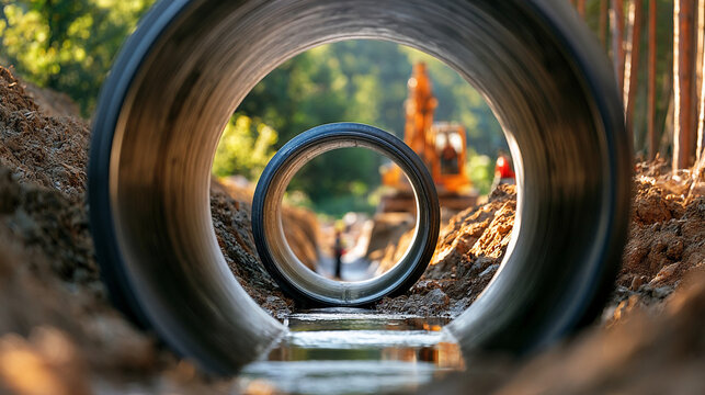 Construction site with large pipes and machinery during daytime