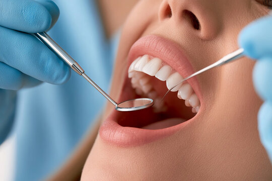 Dental checkup takes place in a clinic where a patient receives care from a dentist with tools in hand