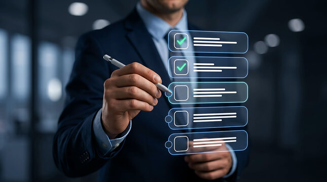 Businessman interacting with digital checklist interface in modern office