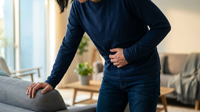 Man suffering from severe stomach pain or abdominal cramps leaning on a sofa
