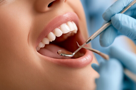 Dental checkup in a clinic with a dentist examining a patient's mouth