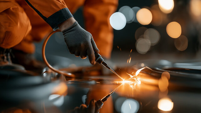 Welding process at night in a workshop with focus on sparks flying from metal