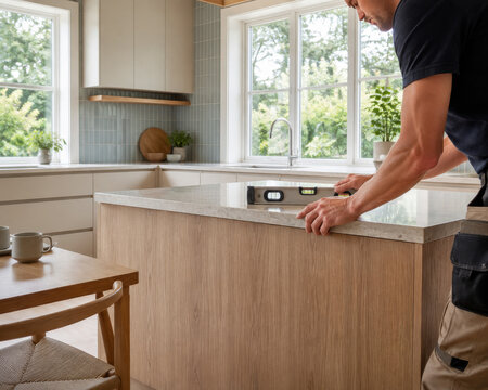 Hombre ajusta la encimera de una cocina usando un nivel en una tarde soleada