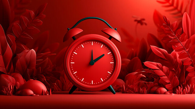 Bright red alarm clock sits in a red landscape filled with plants and leaves