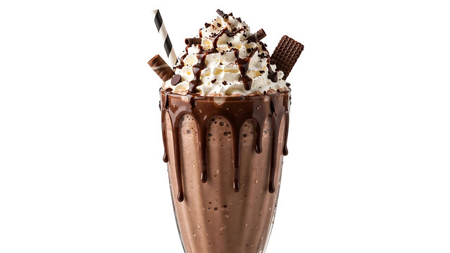 Indulgent Chocolate Milkshake with Whipped Cream and Chocolate Syrup in a Tall Glass on White Background