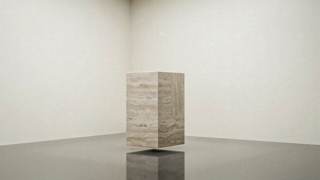 Marble sculpture on gray floor in white room cube stone