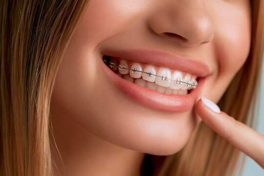 Girl with braces smiling while pointing to her teeth in a bright room
