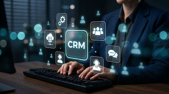Professional woman typing on a keyboard with futuristic CRM digital icons
