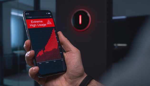 A person holds a smartphone showing a red warning graph for extreme high energy usage inside a dark modern office setting, evoking urgency, stress, and critical power monitoring.
