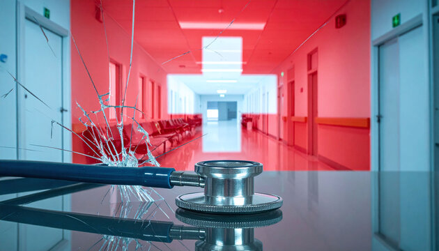 A stethoscope rests on cracked glass in a red hospital hallway with nobody. Evoking deep urgency and alarm, this conceptual image symbolizes a healthcare system crisis and emergency.