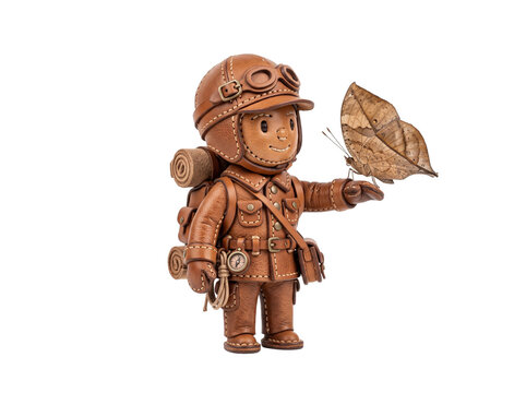 Cute leather explorer aviator doll holding brown butterfly standing on black background, vintage leather toy figure with backpack and goggles for fantasy travel adventure story concept design