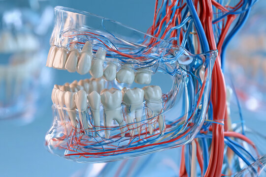 Model shows teeth and blood vessels in a detailed view of human mouth anatomy