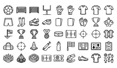Fototapeta premium Football Match and Player Editable Stroke Outline Vector Icon Pack with Soccer Ball Goal Trophy Whistle Referee and Sports Gear