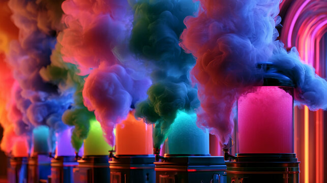 Colorful smoke machines create vibrant clouds at a party event in a dimly lit room during the evening hours