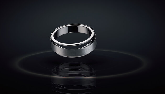 Elegant silver metal ring hovering over a dark reflective surface, symbolizing modern luxury, everlasting love, and sophistication in a sleek minimalist studio setup with nobody.