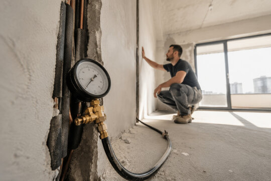 Un hombre revisa las paredes de un edificio en construcci&oacute;n mientras se observan las herramientas en la parte inferior